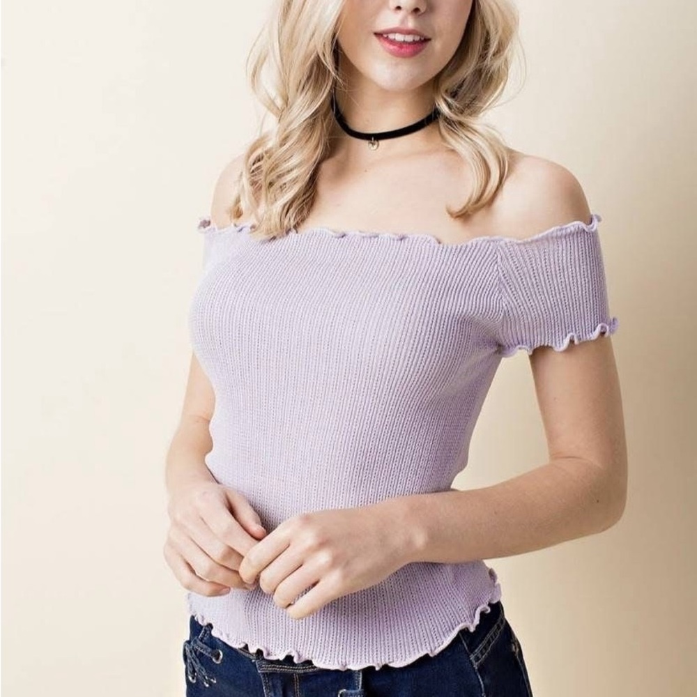 Off-Shoulder Lettuce Trim Knitted Crop Top